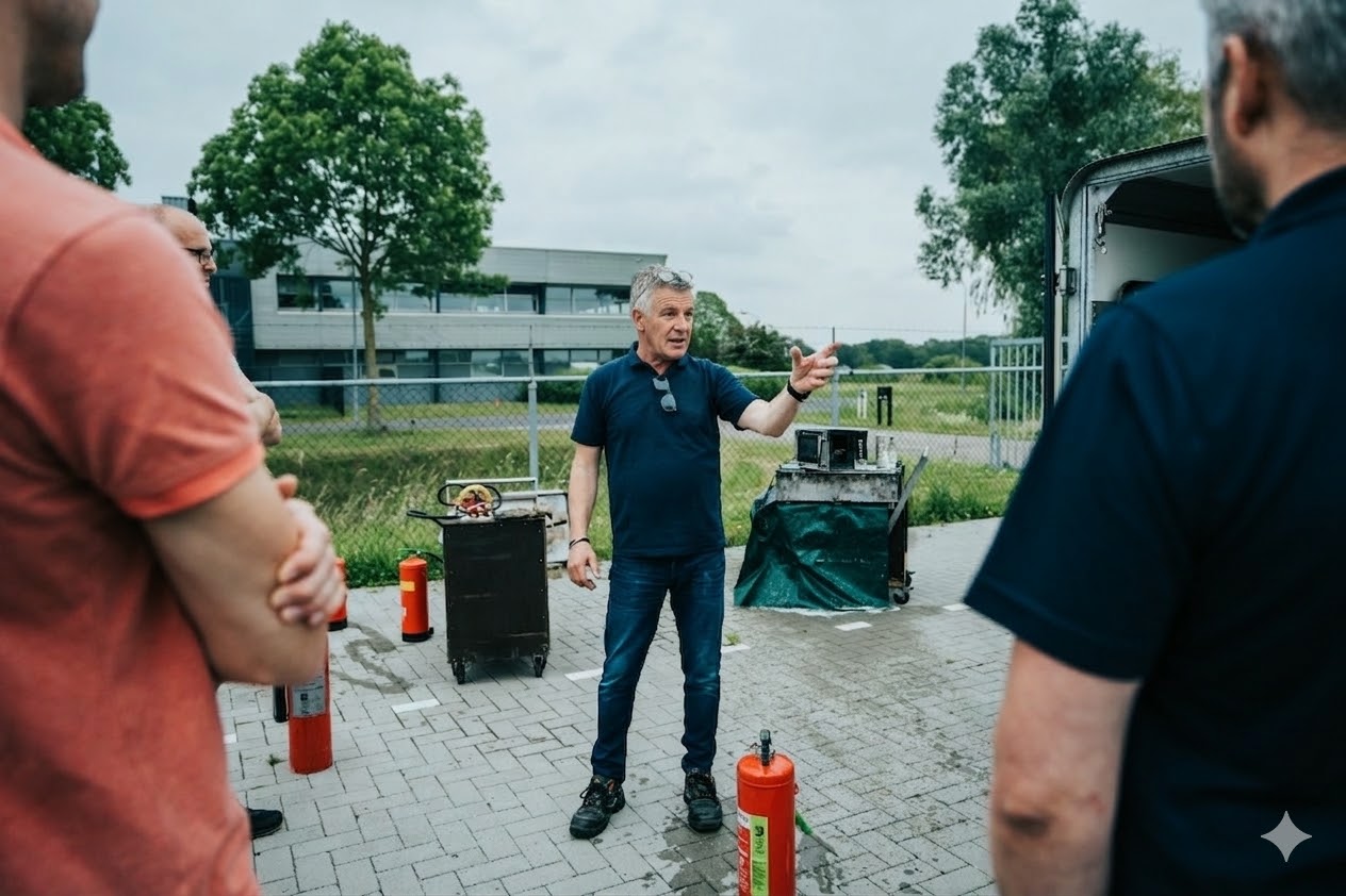 Een instructeur geeft uitleg over brandbestrijding tijdens een BHV praktijkdag op een buitenlocatie met brandblussers.
