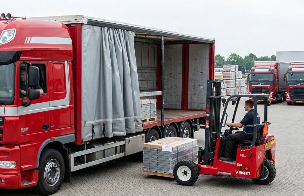 Chauffeur laadt pallets met een meeneemtruck (kooiaap) vanaf vrachtwagen tijdens distributie