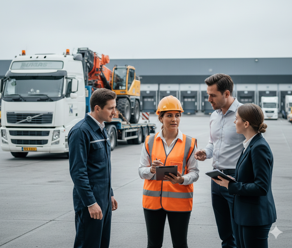 Een groep logistiek medewerkers en een chauffeur in gesprek bij een vrachtwagen op een transportterrein over Code 95 vrijstellingen.