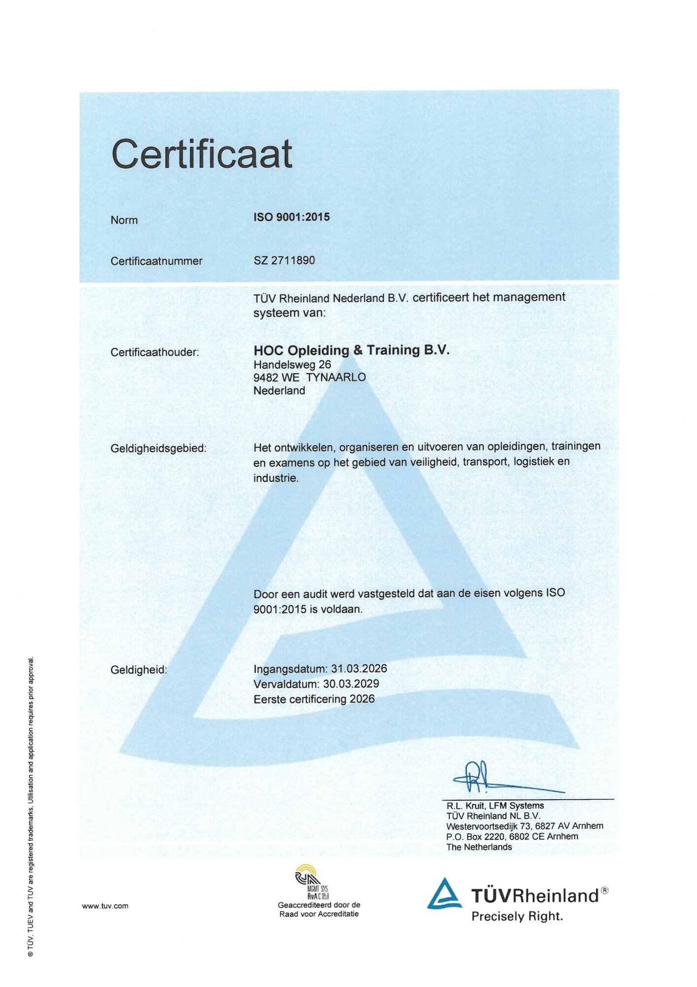 ISO 9001:2015 certificaat van HOC Opleiding & Training